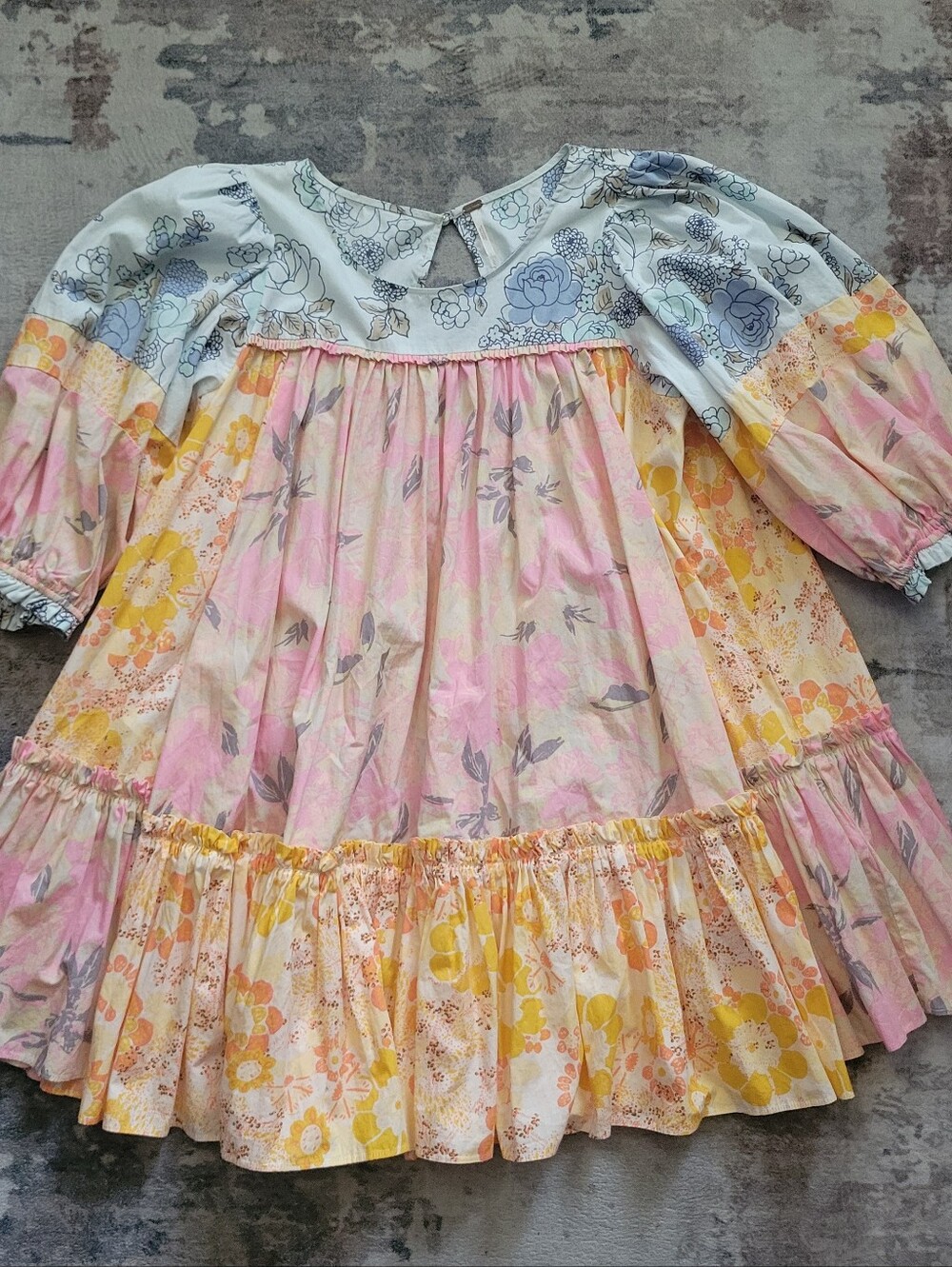 FREE PEOPLE ~ Prairie Field Tunic Patchwork Floral Puff Sleeve Mini Dress Large